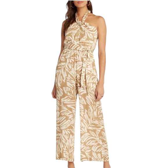 ANTHROPOLOGIE Willow Monaco Khaki Cream Botanical Halter Jumpsuit Size S… - Picture 1 of 7